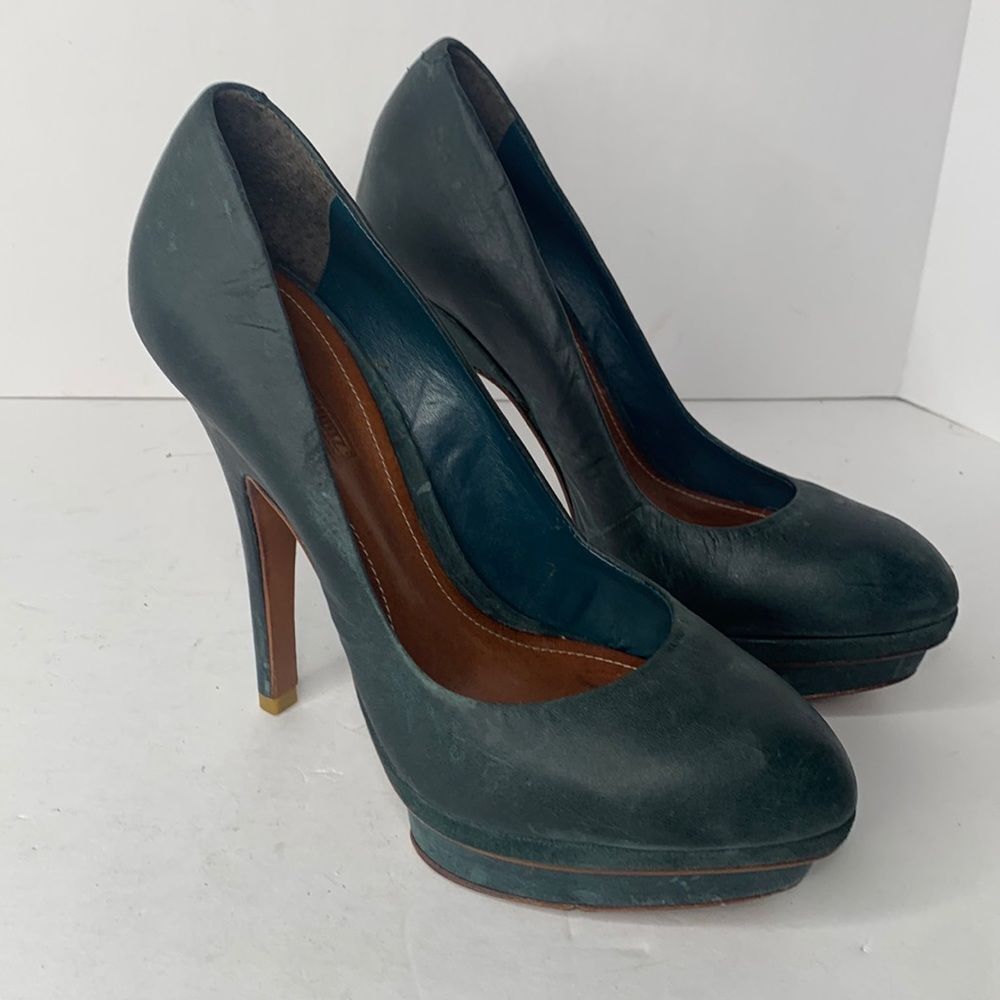 Schutz green Italian distressed leather platform pumps